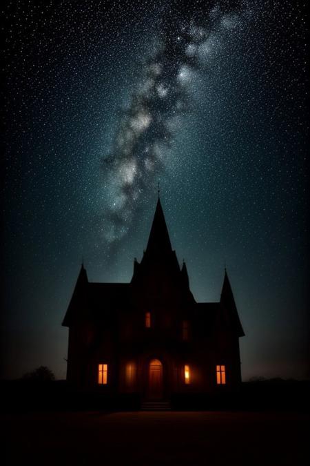 (masterpiece, best quality, highres:1.2), creepy medieval mansion, eerie atmosphere, night sky