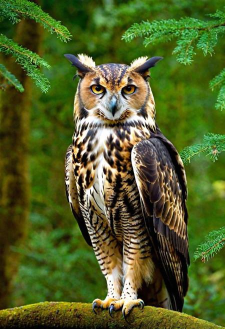 Create an ultra-realistic image of a hypothetical creature, a blend of various animal traits to form a unique, imaginative being. This creature should have a detailed and lifelike appearance, showcasing a combination of features such as the majestic wings of an eagle, the sleek body of a panther, and the wise eyes of an owl. Its skin or fur should have a rich texture, reflecting a natural environment, perhaps with patterns or colors that suggest camouflage or display. The creature's pose and expression should convey its character, whether it's cunning, noble, or mystical. The setting should complement the creature, perhaps a lush, fantastical forest or a rugged, unexplored wilderness. The focus should be on the intricate details of the creature's anatomy and the interplay of its combined traits, creating a believable yet fantastical entity