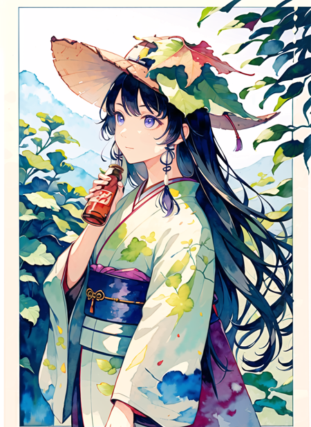 akagi shun, 1girl, black hair, bottle, cork, corked bottle, grey background, hair tubes, hat, japanese clothes, kimono, leaf, leaf on head, long hair, long sleeves, looking away, outdoors, purple eyes, solo, white kimono,  ((masterpiece)), (watercolor) <lora:akagi_shun_offset:1>