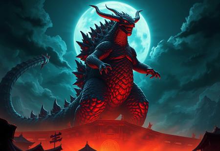 Create an epic image of a demon Godzilla standing atop a Dark Arena. Incorporate elements of Homelander from 'The Boys' and SCP 173. The creature should have a round chin and hybrid features reminiscent of Dynasty Warriors. Draw inspiration from Japanese animation and the styles of Goya and Masakazu Katsura. The image should be highly detailed, with a focus on lifelike and micro details. Apply the golden ratio and ensure the image is in high definition and 4K resolution. The color scheme should be primarily blue and green. The character should appear to be around 35 years old. Use a kit-bashing technique to combine different elements and achieve a unique look. The style should evoke the feeling of a restored, vintage image, similar to a Kodakchrome print. Imagine the image is a premium print, created using Unreal Engine, and trending on Pinterest. Incorporate subtle, sharp focus and textures, evoking the works of Gaston Bussiere and Mucha.