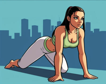 <lora:GTA_Style:0.7> gtasa2004 cartoon of a girl doing yoga