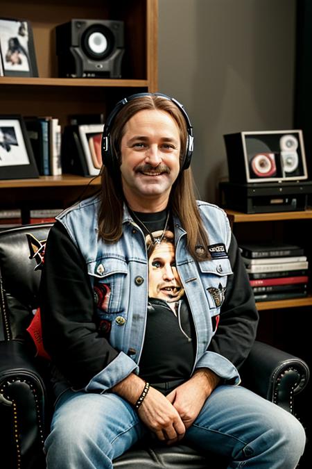 color photo,30 years old ozzakcs1 man sitting in a black chair with headphones on his ears,smiling,in living room,mid-shot,intricate lighting,highly detailed background,Fujifilm XT3,analog style <lora:ozzakCs1v1:0.56>