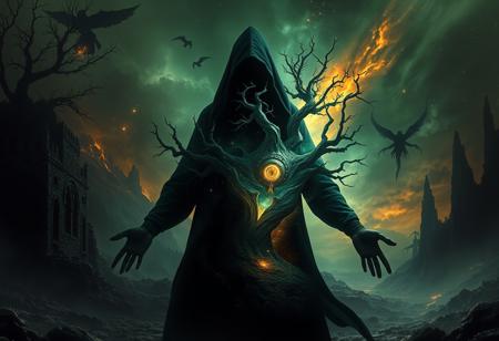 A universe inside a dark cloaked figure within mysterious landscape in an unfathomable realm of fantastic creation inhabited by ancient shadows of a forgotten time beyond the gate of the gateless gate where life is limitless, light is shadow and shadow is light, eerie sense, horror, spark of the beginning, existence and nonexistence at once, ethereal, outstretched arms, behold the end of the beginning, inglorious glory to the dark one, betrayal of the ancient order, beware the 7headed beast, destroyer of the old ways, bearer of the unbearable, nightmarish, archaic runes, tree aging backwards, breath of the gods, ruins of a place unimagined, extreme intricate detail, photorealistic, beyond epic scene, fate discarded, unseeable face of god, the end is the beginning, the beginning is the end, man arises as god dies, as above so below, as below so above, emerald tablet, thoth, guardian and saboteur of existence, hopeless hope, ghosts of the unborn, conception of the inconceivable, cosmic well of imperceptible perception, evil aura, infinite emptiness, pillars of void, overwhelming subtlety, abstract sacred geometry, beams of readiness without intention, gift of doom, despair of the ages, hidden secret warnings from dead gods, hand carved by the conductor of unholy loneliness with the sands of time incarnate, farewell her majesty of the most high, consumed by the night itself