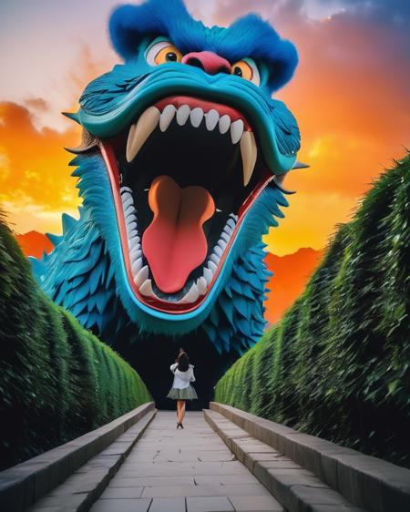 8k high quality, detailed, colorful analog photo, masterpiece, photorealistic, vibrant color film, masterclass, heavy (film grain), Fujicolor 400, Nikon F401,DUNGHUANG,DUNGHUANG BACKGROUND,MONSTER SHOUTING,open mouth,