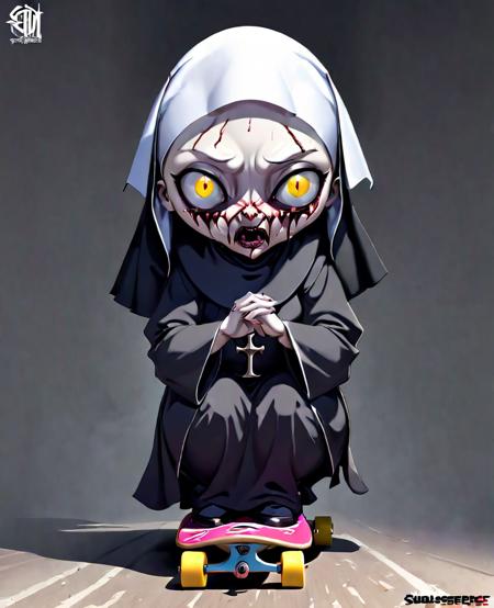 Stylized anime artwork, creepy nun, white eyes, grey skin, unholy, evil, possessed, digital painting, anime studio, masterpiece, Best quality, high detail, subsurface scattering, skateboarding <lora:SDXL_Creepy_Nun:1.0>