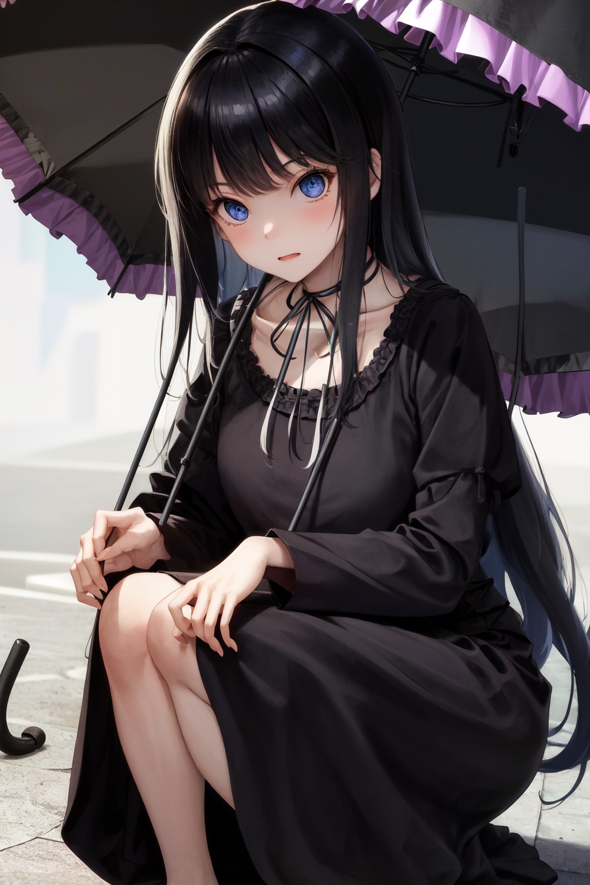 masterpiece, best quality, highres, 1girl, black dress neck ribbon <lora:natsuki_minamiya:1> holding umbrella, squatting, ...
