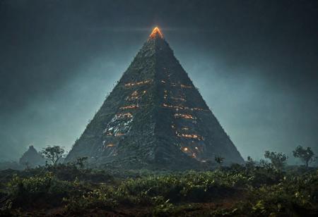 landscape of an unexplored planet from the Mass Effect universe, huge Protean pyramid with luminescent strange patterns, intricate mystical dreamlike melancholic maiden, masterpiece, intricate, Hasselblad x2D 100c, ISO 300, 1/250s, F/2,8, 38 mm, extremely high quality RAW photograph, surrealistic dense vegetation, SR1 Normandy spacecraft standing in the background, 8K, HDR, depth of field, dark high-contrast, extremely detailed, atmospheric haze, dramatic lighting, high contrast, intense shadow play, dark palette, <lora:add-detail-xl:1.2> <lora:Bio-Luminescence:0.6> bioluminescent, glowing,  <lora:xl_more_art-full_v1:0.6>