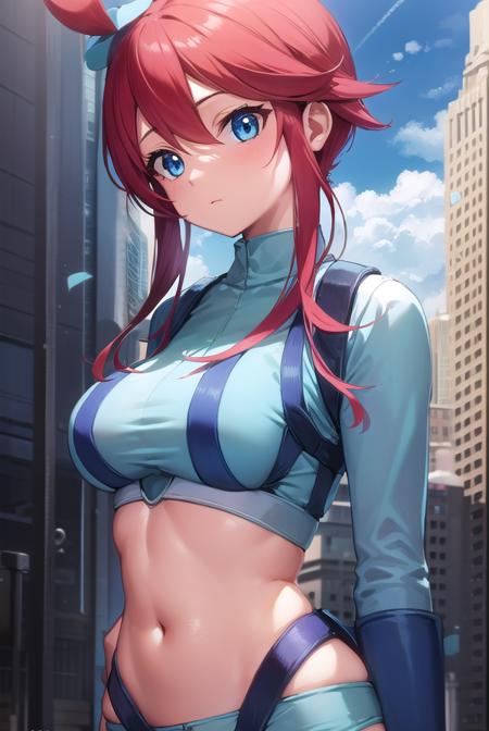 pokemonskyla, blue eyes, hair ornament, one side up, red hair, short hair with long locks, sidelocks, blue footwear, blue gloves, blue jacket, blue shorts, boots, crop top, cropped jacket, gloves, jacket, midriff, navel, short shorts, shorts, thigh pouch,