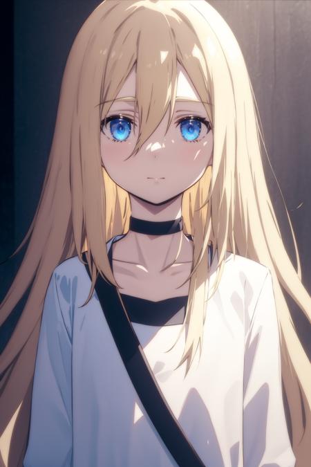 Rachel,1girl, solo,long_hair,hair_between_eyes, choker, blonde_hair,  black_choker, upper_body, looking_at_viewer, collarbone, blue_eyes,closed_mouth,