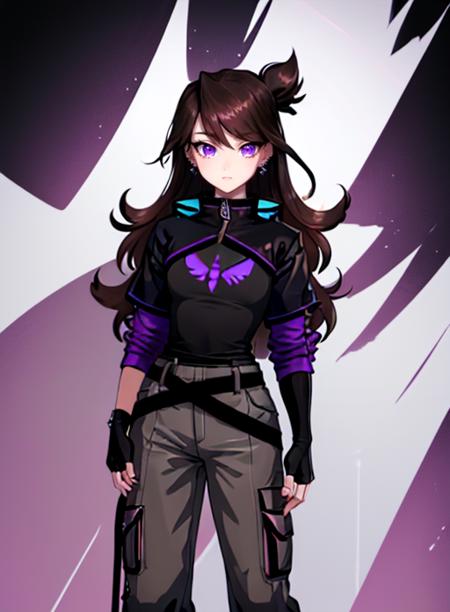 jaiden long hair , brown hair, purple eyes, earrings, piercing, bangs