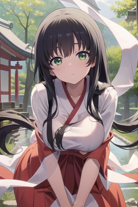 kasumiiwato, <lora:kasumiiwatotest:1>,
kasumi iwato, long hair, (black hair:1.5), (green eyes:1.3), (huge breast:1.2), (hair between eyes:1.5),
BREAK skirt, cleavage, japanese clothes, hakama, hakama skirt, miko,
BREAK looking at viewer,
BREAK outdoors, shrine,
BREAK <lora:GoodHands-vanilla:1>, (masterpiece:1.2), best quality, high resolution, unity 8k wallpaper, (illustration:0.8), (beautiful detailed eyes:1.6), extremely detailed face, perfect lighting, extremely detailed CG, (perfect hands, perfect anatomy),