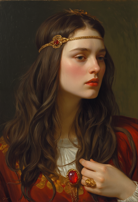 Classical oil painting,  a portrait of a young woman with long dark hair. She is wearing a gold headpiece with red and gold accents. The headpiece is intricately designed with a floral pattern and has a large red gemstone in the center. The woman has a serious expression on her face and is looking directly at the camera. Her hair is styled in loose waves and falls over her shoulders. The background is a dark grey color, making the woman the focal point of the image.Caravaggio Vermeer Blake Sargent Turner Lautrec Degas Monet Manet Cassat Morisot Münter Kollwitz Malfatti Werefkin chiaroscuro Schjerfbeck, bold colours deep shadows, red blue green yellow brown black, dark thick inky shadows, reflected light subsurface scattering