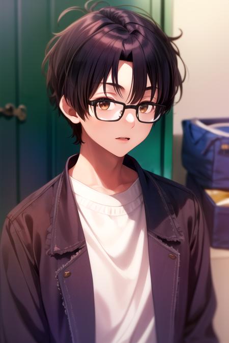 (best quality:1.1), (masterpiece:1.4), illustration, , , depth of field, , (semi-realistic:1.4), 1boy, solo, male focus, <lora:akito_sendou:0.9>, akito_sendou, black hair, brown eyes, short hair, bangs, glasses, trench coat, homburg, ship,