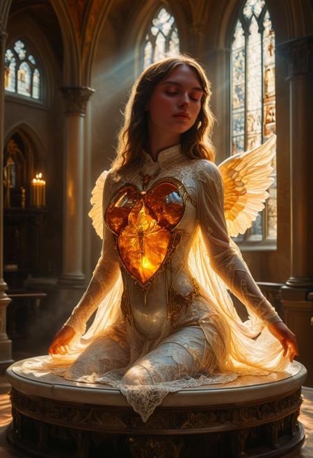 In a warm, golden light, the amber fragment sits atop a ornate, antique pedestal in a grand, Gothic-style church. The Dutch angle captures the subtle curves of the angelic girl's body, as she stands in a flowing bodysuit and long hair cascades down her back. Her head tilts slightly, with bangs framing her closed mouth. Her gaze is serene, focusing on something unseen.
The amber fragment itself glows softly, showcasing its intricate patterns and inclusions. The Human Heart inside appears suspended in time, surrounded by a delicate, lace-like pattern of striations and organic fragments. The overall composition draws the viewer's eye to the heart, while the girl's pose and the church's architecture add depth and context.