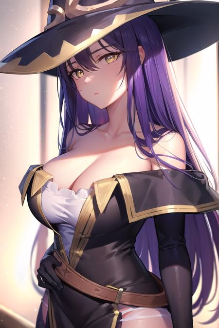 witch, <lora:witch-lora-nochekaiser:1>,
witch, long hair, purple hair, (yellow eyes:1.5),
BREAK thighhighs, gloves, hat, dress, cleavage, bare shoulders, elbow gloves, witch hat, (pelvic curtain:1.2), purple thighhighs,
BREAK indoors,
BREAK looking at viewer, (cowboy shot:1.5),
BREAK <lyco:GoodHands-beta2:1>, (masterpiece:1.2), best quality, high resolution, unity 8k wallpaper, (illustration:0.8), (beautiful detailed eyes:1.6), extremely detailed face, perfect lighting, extremely detailed CG, (perfect hands, perfect anatomy),