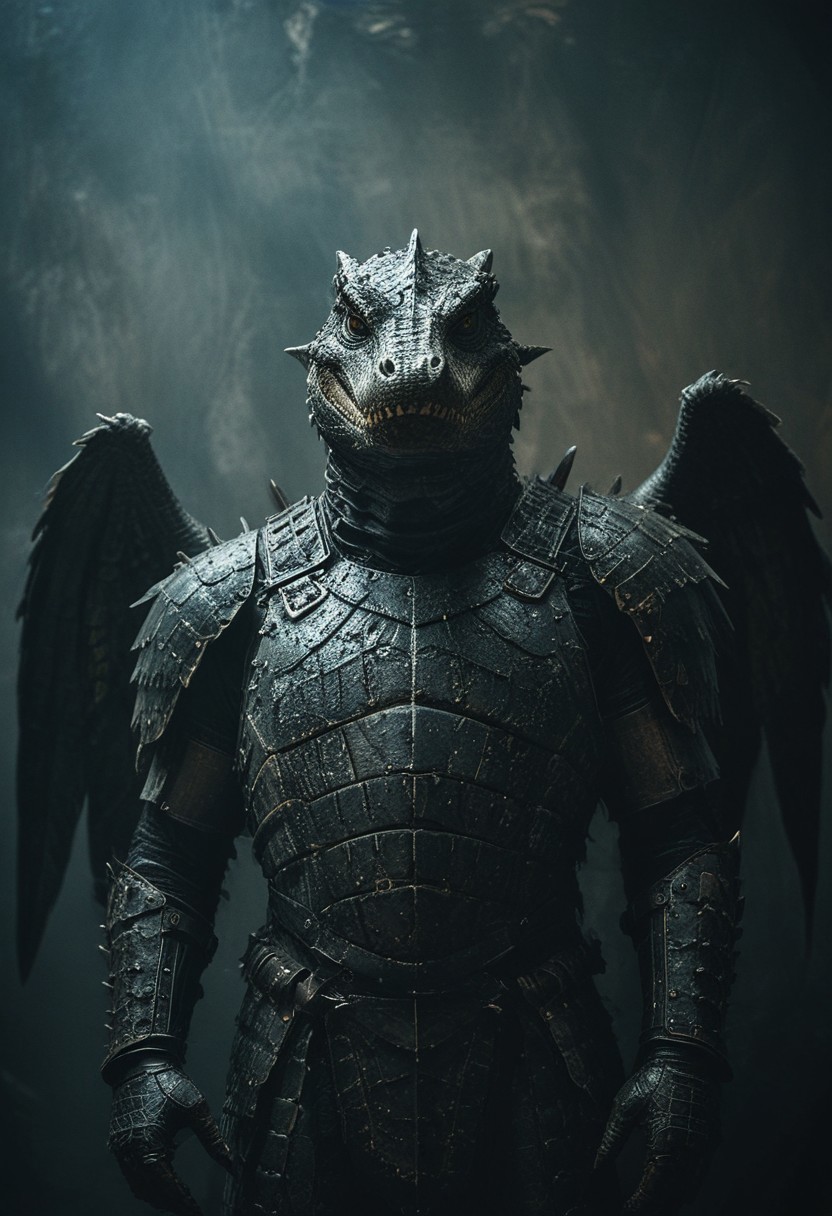 a wild black crocodile in iron armour, large black wings, studio background, high-contrast palette, subtle grain, cinematic quality, modern art photograph, looking at viewer