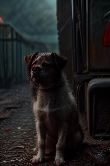 An award winning photograph, close-up photograph, cinematic lighting, the most adorable dog ever, waiting patiently outside of a train station for its owner, Schmoo, bokeh, Anamorphic style