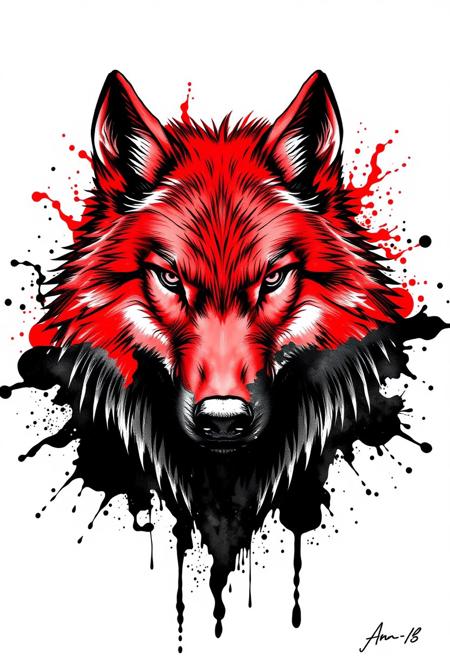 White background, a Wolf's head breaks through the background, the top half of the Wolf's head is a big splash of red ink, the bottom half of the Wolf's head is a big splash of black black ink, ink rendering
