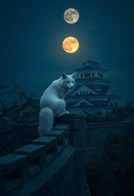 (Soft Lighting Photography by Mimoza Veliu and Mario Giacomelli:1.2), NSFW,  a white fox sitting high on a Japanese castle wall.  The background is of a Japanese castle, full moon, laterns, japanese garden.