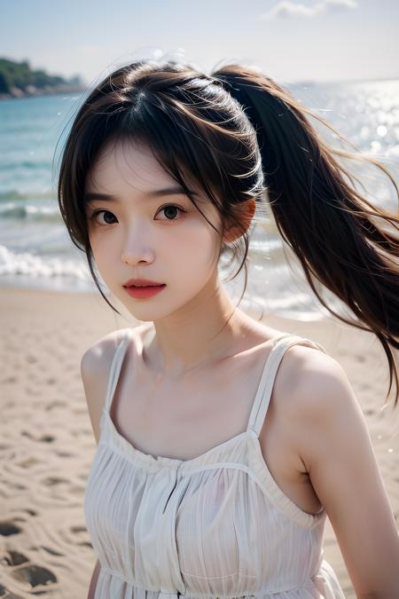 (bright sunshine, extremely detailed face:1.3), 1girl walking on beach, sea, wind, cloud, (wet, white_sundress, sleeveless), (best quality, masterpiece, 16k, raw photo, ultra high res:1.2), sharp focus, blurry background, close up