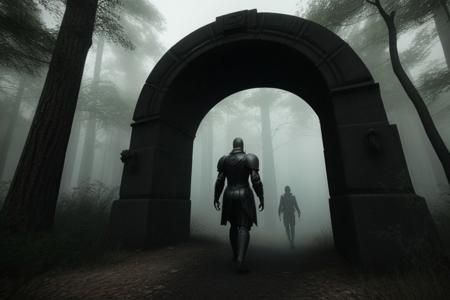 3d shading, realistic gothic eldritch fantasy, wide angle, depth of field; crisp focus on foreground, intricate detail:: a tall pale warrior with a chiselled jaw and strong cheekbones, intense green eyes, very long lose black hair, in black leather and steel armour, :: slender sword in hand, walks out of a looming portal dark portal, grim-faced, tired, ::  fire, dreary forest, mysterious glowing fog:: dynamic lighting, 8k resolution, psychedelic art drdjns style
