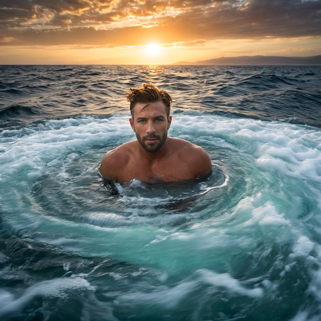 long shot scenic professional photograph of A hyperrealistic portrait of a man whose body is being pulled into a giant, glowing whirlpool, his skin stretching and distorting as it is sucked into the swirling vortex. His face is half-submerged in the whirlpool, but his eyes remain open, glowing with a faint blue light as the water pulls him in. His hair has become long streams of water that spiral around him, twisting into the whirlpool. Behind him, the landscape is a vast, surreal ocean filled with swirling whirlpools and giant, glowing waves that rise and fall with impossible force., perfect viewpoint, highly detailed, wide-angle lens, hyper realistic, with dramatic sky, polarizing filter, natural lighting, vivid colors, everything in sharp focus, HDR, UHD, 64K