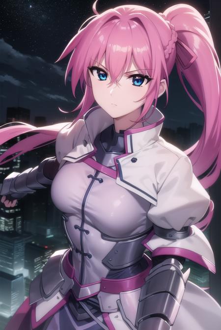 signum, long hair, blue eyes, hair ribbon, ponytail, pink hair, gloves, jacket, weapon, open clothes, sword, open jacket, magical girl, gauntlets, cropped jacket, waist cape, puffy sleeves,