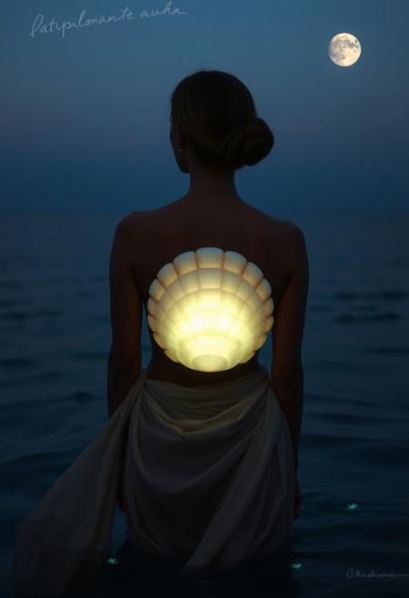 A serene woman gazes out over a tranquil ocean, her torso protected by a large, sculpted shell breastplate that glows softly under the twilight sky. Flowing, gauzy textiles wrap around her waist, mimicking the gentle waves. The water is still, reflecting the soft light of the moon as small bioluminescent creatures flicker beneath the surface.