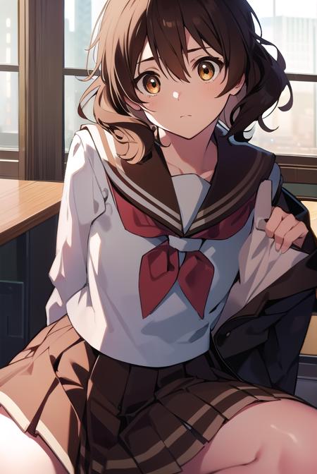 kumikooumae, <lyco:kumikooumae-LYCORIStest:1>,
kumiko oumae, (brown eyes:1.5), brown hair, short hair, wavy hair, (flat chest:1.2),
BREAK brown shirt, brown skirt, kitauji high school uniform, long sleeves, neckerchief, pleated skirt, red neckerchief, sailor collar, school uniform, serafuku, shirt, skirt, uniform, white sailor collar,
BREAK looking at viewer,
BREAK indoors, classroom,
BREAK <lora:GoodHands-vanilla:1>, (masterpiece:1.2), best quality, high resolution, unity 8k wallpaper, (illustration:0.8), (beautiful detailed eyes:1.6), extremely detailed face, perfect lighting, extremely detailed CG, (perfect hands, perfect anatomy),