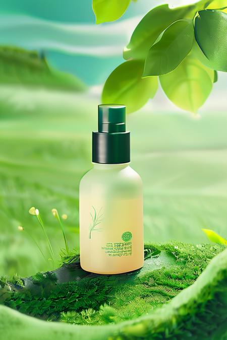 a bottle of soap sitting on top of a lush green field of grass next to a tree branch with leaves,productscene <lora:productscene:1>