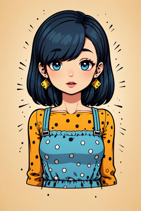 sd mai, flat illustration,
1girl,jewelry,solo,earrings,upper body,polka dot,bangs,makeup,lipstick,dress,hair over eyes,polka dot dress,
 <lora:SD_MAIæç®æå¹³æç»:0.7>