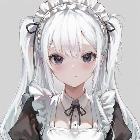 high quality, best quality, by rsef, 1girl, solo, two side up, white hair, long hair, maid, maid apron, black eyes, blush, expressionless, bangs, white background, blurry, portrait, <lora:rsef:1>