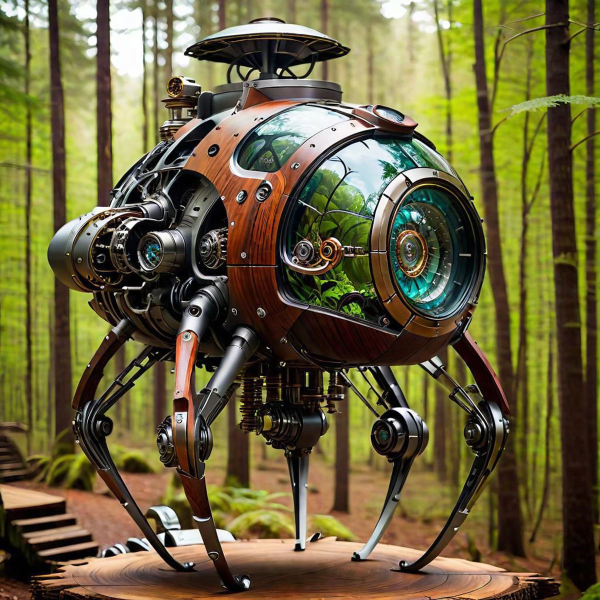 A robotic sculpture made from wood and metal in a forest setting.