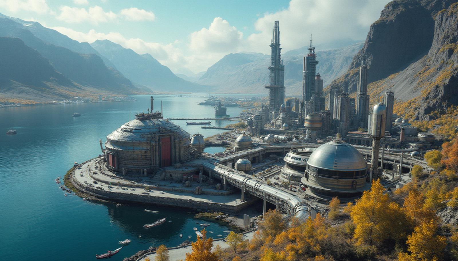 A high-definition photograph of a futuristic cityscape in a fjord in Greenland, cityscape, pipes and construction details, large port, bunkers, spaceport, Greenland, summer, (mountains:1.15), skyscrapers, signages, various styles of buildings, zoomed out, in style of event horizon, sci-fi aesthetic, deep colors, inspired by Outland