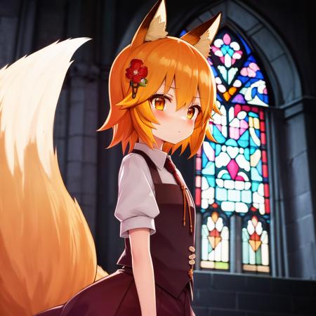 masterpiece, best quality, detailed background, cinematic lighting, senko-san, sen, animal ears, fox ears, fox girl, fox tail, hair flower, hair ornament, orange eyes, orange hair, short hair, tail, flat chest, 1girl, solo, girl explores ruins of church, broken stained glass, deserted spaces, detailed background, <lora:senkoLora_v1:1.5>