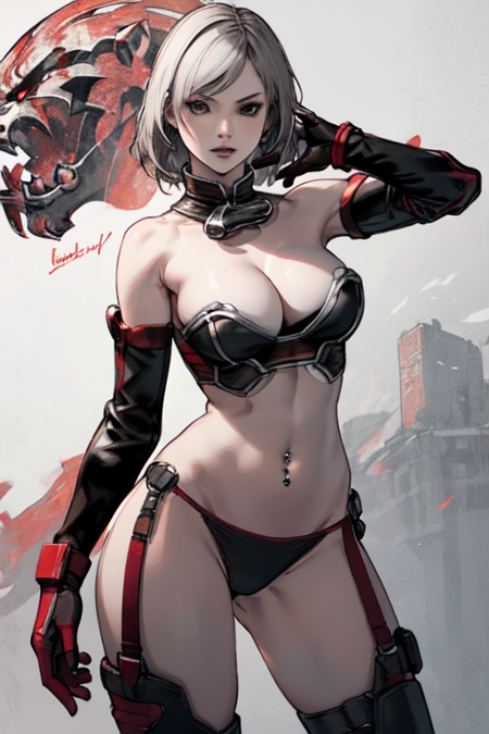 TekkenForce, 1girl, solo, large breasts, gloves, navel, cleavage, underwear, panties, elbow gloves, helmet, navel piercing