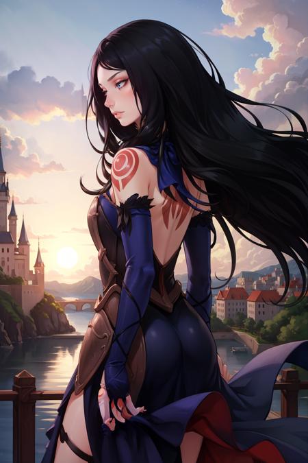 masterpiece, best quality, shanoa, armor, blue dress, detached sleeves, from behind, tattoo, castle, gothic architecture, night  <lora:shanoa-nvwls-v2-000012:0.9>