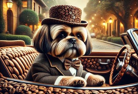 digital painting of a made of Coffee beans, cute shihtzu in suit and bowtie, top hat and cutting edge sunglasses,  entirely made of retro sophistication texture, driving a convertible car, whimsical and magical atmosphere, soft lighting, highly detailed and stylized, concept art for a vintage charm-themed universe