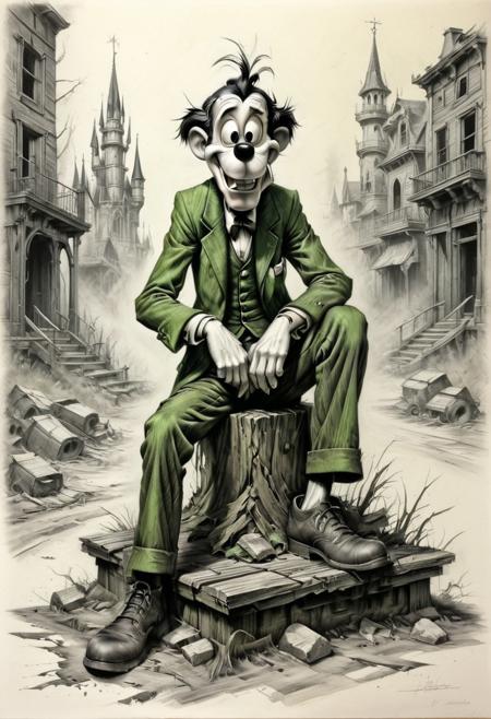 Charcoal drawing, colored crayons, black pencil drawing, pencil drawing, black and white drawing, graphite drawing,, charcoal drawing, ral-dissolve
black pencil shading, charcoal drawing, tinted paper, pencil drawing, brutal dark b/w color scheme, gold patterns,
"Explore the darker side of Disney with a macabre interpretation of Goofy, transformed into a decaying figure amidst a world of decay and corrosion. Begin by distorting Goofy's familiar features, elongating his limbs and contorting his body into unsettling poses that convey a sense of unease Utilize a palette of muted, sickly colors to evoke the feeling of decay and deterioration, with shades of green, gray, and brown dominating the composition. Introduce elements of rust, mold, and decomposition to Goofy's costume and surroundings, lending an air of decrepitude to the scene. Experiment with textures to convey the rough, weathered surfaces of decaying materials, with peeling paint, exposed metal, and rotting wood adding to the sense of disintegration Emphasize the contrast between Goofy's jovial personality and his grim transformation, highlighting the. irony of his cheerful demeanor juxtaposed against the bleak backdrop of decay. As viewers contemplate this twisted incarnation of a beloved character, invite them to ponder the fragility of innocence and the inevitability of entropy in a world consumed by decay."