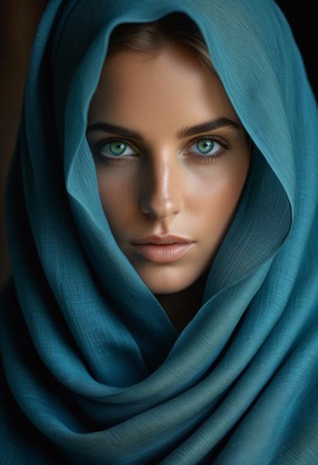 "Create a striking close up portrait of a woman wrapped in an elegant, blue fine linen flowing mantle,covering part of her beautiful face,. The focus should be on her green eyes, capturing their depth and emotion. The style should emulate the rich, detailed aesthetic of Steve McCurry,National Geographic photography Covers. Aim for the dramatic lighting and meticulous composition seen iThe background should be softly blurred to emphasize the subject’s gaze, with natural textures and subtle tones.