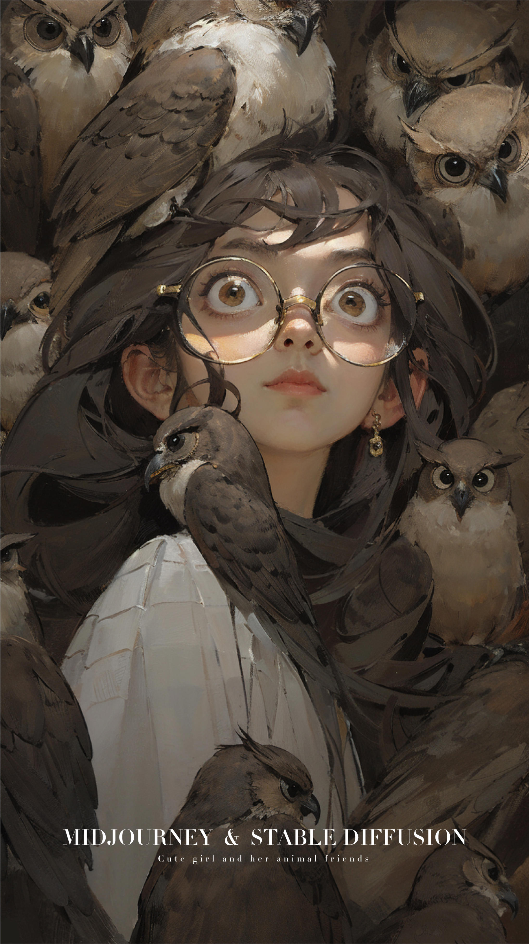 A girl with glasses surrounded by birds and owls.