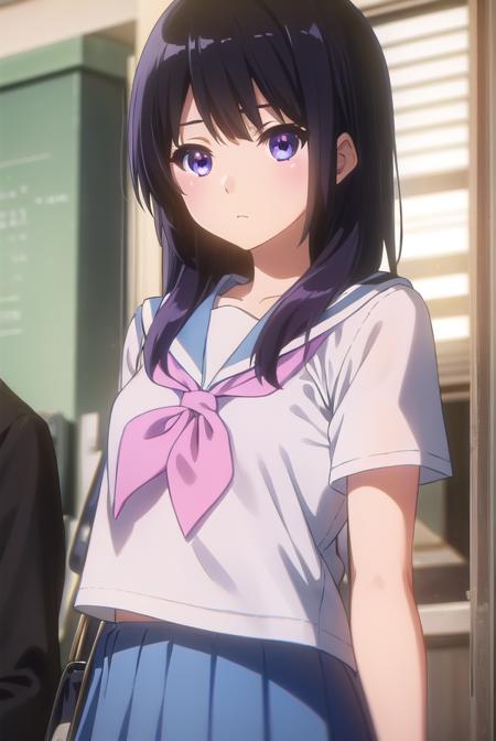 reinakousaka, <lora:reina kousaka s2-lora-nochekaiser:1>,
reina kousaka, kousaka reina, long hair, bangs, black hair, (purple eyes:1.1),
BREAK skirt, shirt, school uniform, white shirt, short sleeves, pleated skirt, serafuku, sailor collar, blue skirt, neckerchief, red sailor collar, school bag, pink neckerchief, kitauji high school uniform,
BREAK indoors, classroom,
BREAK looking at viewer, (cowboy shot:1.5),
BREAK <lyco:GoodHands-beta2:1>, (masterpiece:1.2), best quality, high resolution, unity 8k wallpaper, (illustration:0.8), (beautiful detailed eyes:1.6), extremely detailed face, perfect lighting, extremely detailed CG, (perfect hands, perfect anatomy),