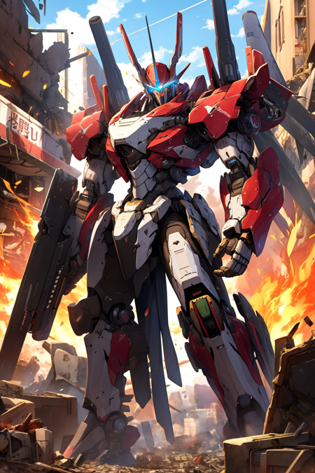 masterpiece, best quality, mecha, no humans, black armor, blue eyes, science fiction,  fire, laser canon beam, war, conflict, destroyed city background  <lora:nijiMecha:1>