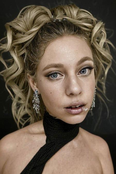 A detailed portrait of a young woman exuding elegance and natural grace. She has a voluminous updo hairstyle with wisps of hair tenderly framing her face. Her hazel eyes are accentuated by tasteful makeup, s. She wears a high-necked black top, suggesting a blend of casual refinement. The lighting should illuminate her face against a subdued background, emphasizing her calm and confident expression. High Fashion, dynamic, dramatic, elegant, High fashion supermodel, avant garde style
fFaceDetaile