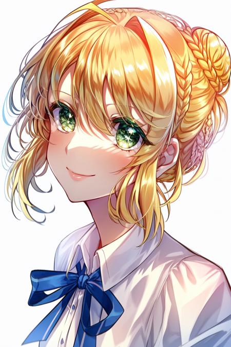 pinastyle, 1girl, solo, artoria pendragon (fate), ahoge, saber, blonde hair, ribbon, smile, green eyes, blue ribbon, white background, braid, hair ribbon, looking at viewer, shirt, white shirt, simple background, hair bun, bangs, closed mouth, hair between eyes, short hair, neck ribbon, collared shirt, sidelocks, single hair bun, upper body, portrait, braided bun