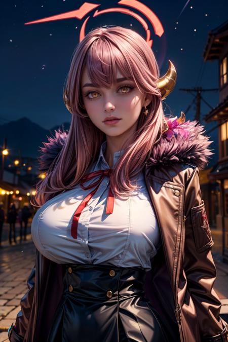 zzAru, yellow eyes, pink hair, long hair, demon horns, halo brown coat, white shirt, black skirt, red ribbon, fur-trimmed coat , 