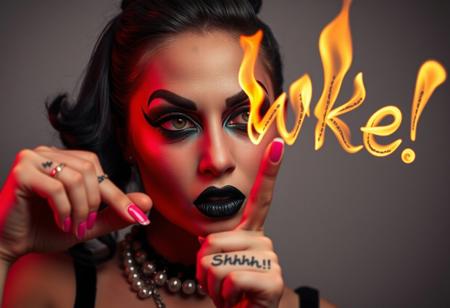 A very young drag queen girl with black makeup and pink nails, looking like she just failed something, shaking her head, drawing the letters "Woke" using flames, in the air, with a finger, on finger ave a tattoo "Shhhh!" photo by helmut newton
