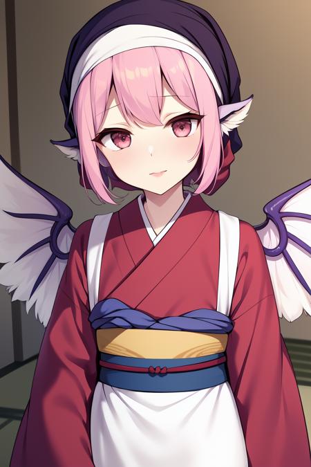 animal_ears, (sash code:1.3), (white_tasuki wings:1.1), (okamisty:1.5), (mystia lorelei:1.2), lips, (maroon_kimono:1.4),  (blue headscarf:1.5), (indigo blue_apron:1.2), (pink hair:1.2), <lora:oka_mysty2:0.3>