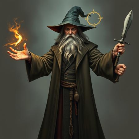 a wizard with four arms, wearing a detailed overcoat.
In one arm, he casts a spell, in the other a magic circle,
and in the other two arms, he holds weapons