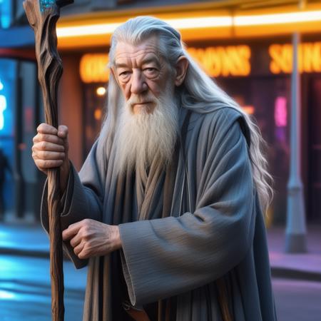 Ian McKellen as Gandalf the grey, white hair, (long grey beard), Bionic arm, holding wooden staff, cyberpunk reimagined scene, Cyberpunk street, neon lights, (((full body portrait))), 8k, photorealistic, hyperrealistic, HDR,, cinematic, 8k, HDR, photorealistic, best quality, high quality, masterpiece, hyper-realistic.